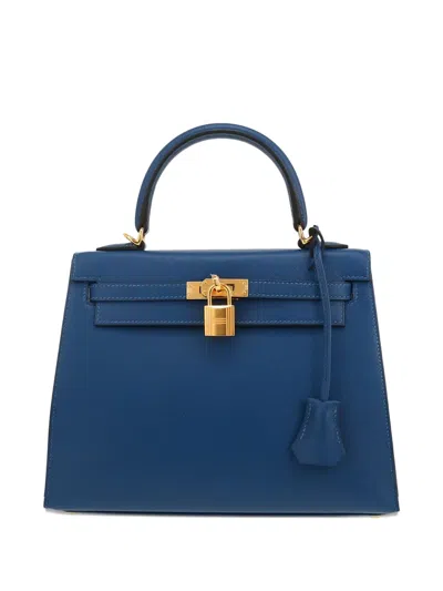 Pre-owned Hermes Structured Leather Top Handle Bag In Blue