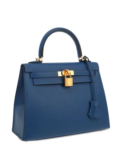 Pre-owned Hermes Structured Leather Top Handle Bag In Blue