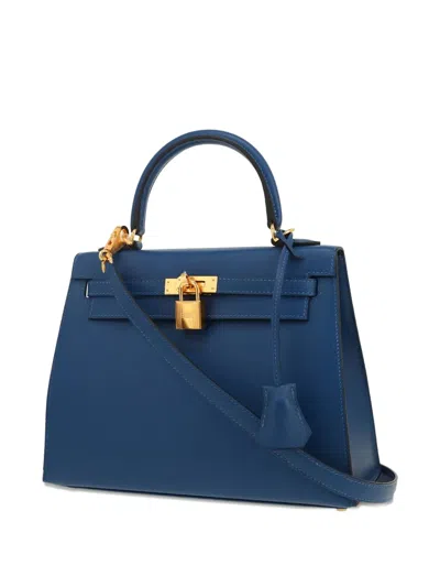 Pre-owned Hermes Structured Leather Top Handle Bag In Blue