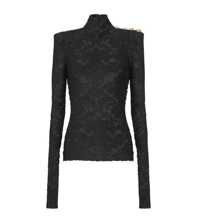 Balmain Buttoned Ls Bouclette Baroque Top