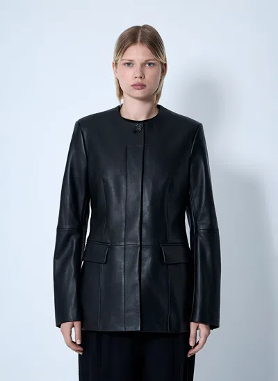 Totême Womens Collar-less Long Leather Jacket Black