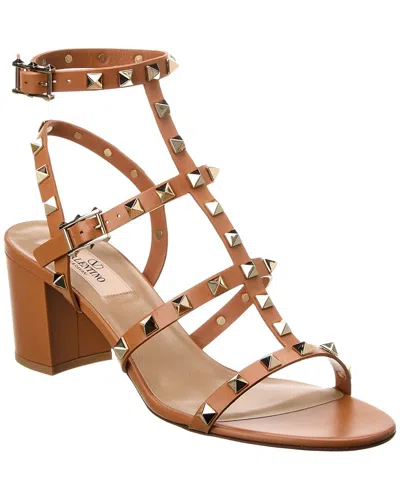 Valentino Rockstud Caged 60 Leather Ankle Strap Sandal In Brown