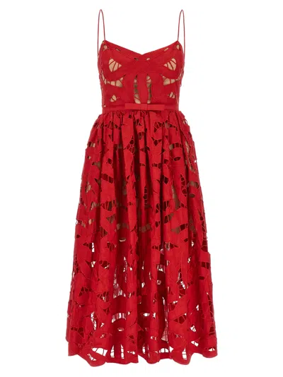 Self-portrait Embroidered Midi Dress With Bow In Red