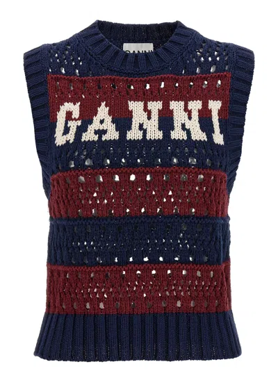Ganni Striped Vest With Logo In Multi