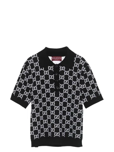 Gucci Women Black Polo Shirt With Ribbed Trims In Gg Canvas Woman In Black