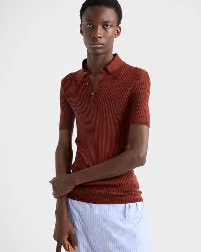 Prada Ribbed Knit Cotton Polo Shirt In Brown