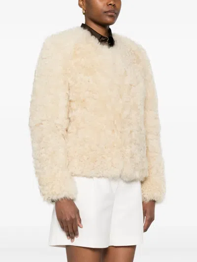 Tom Ford Curly Sheep Shearling Collarless Jacket In Neutral