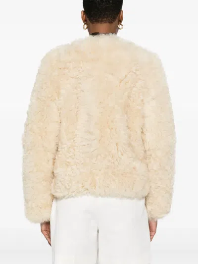 Tom Ford Curly Sheep Shearling Collarless Jacket In Neutral