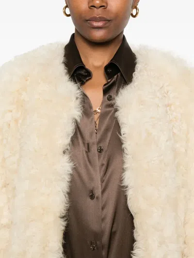 Tom Ford Curly Sheep Shearling Collarless Jacket In Neutral