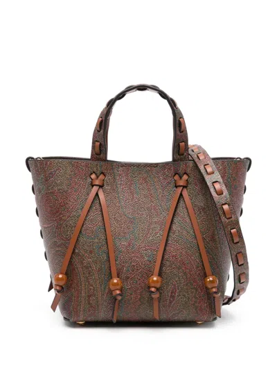 Etro Brown Calfskin Tote Bag With Paisley Print