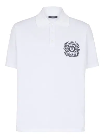 Balmain Cotton Crest Print Polo Shirt In White