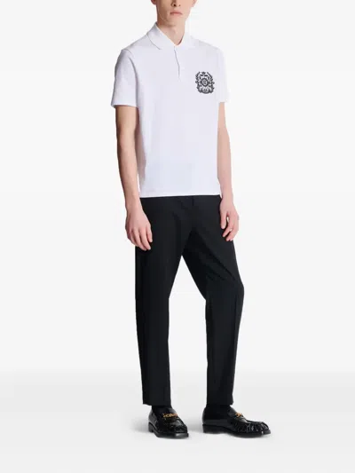 Balmain Cotton Crest Print Polo Shirt In White