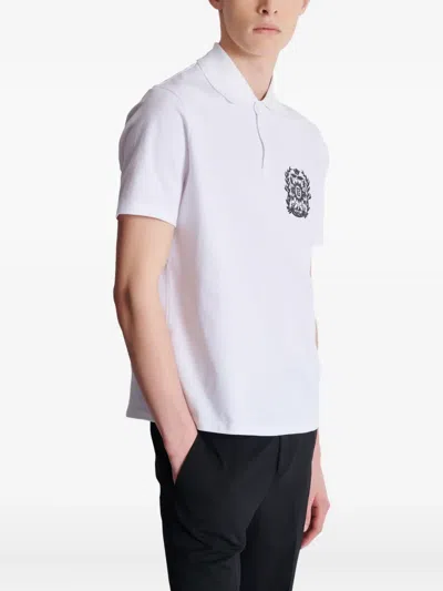 Balmain Cotton Crest Print Polo Shirt In White