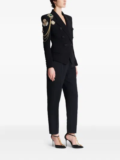 Balmain Crepe 6-buttons Jacket With Embroidered Patches In Black