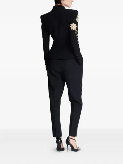 Balmain Crepe 6-buttons Jacket With Embroidered Patches In Black