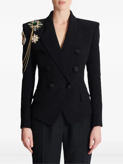 Balmain Crepe 6-buttons Jacket With Embroidered Patches In Black