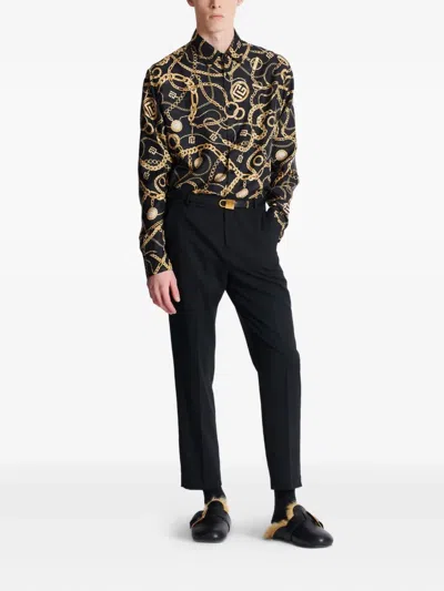 Balmain Black Shirt With Pointed Collar And Chain Print With Logo In Black