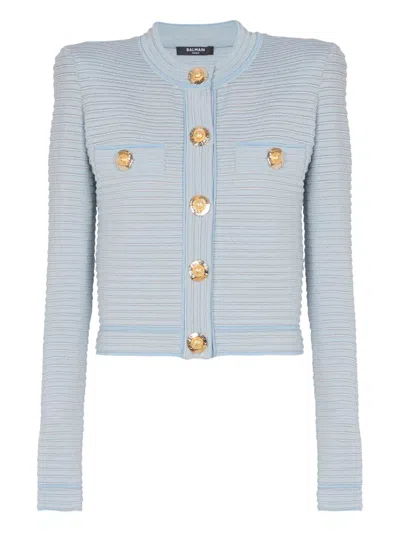 Balmain Long Sleeved Textured Knit Cardigan In Blue