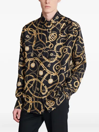 Balmain Black Shirt With Pointed Collar And Chain Print With Logo In Black