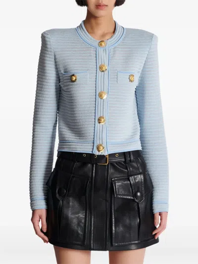 Balmain Long Sleeved Textured Knit Cardigan In Blue