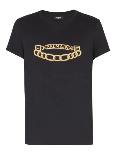 Balmain Black Crewneck T-shirt With Logo Print On The Front In Cotton Man