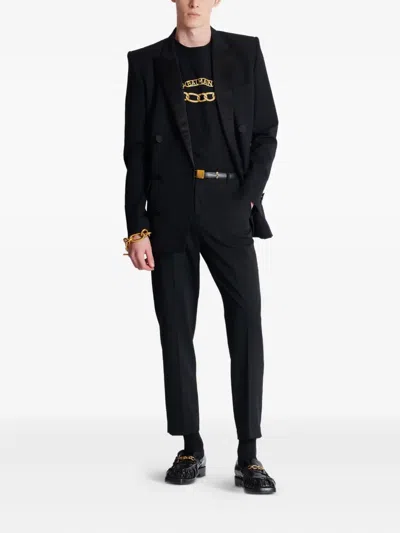 Balmain Black Crewneck T-shirt With Logo Print On The Front In Cotton Man
