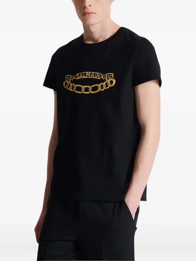 Balmain Black Crewneck T-shirt With Logo Print On The Front In Cotton Man