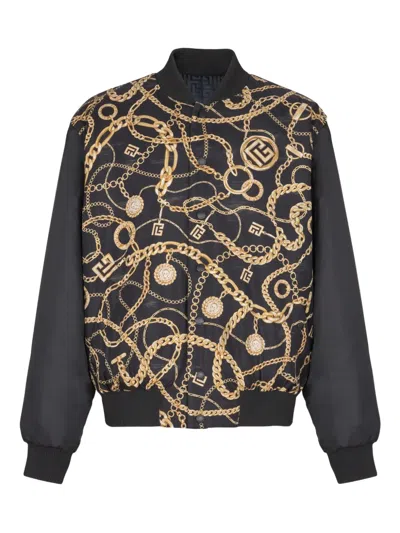Balmain Chain Print Reversible Silk Bomber Jacket In Black