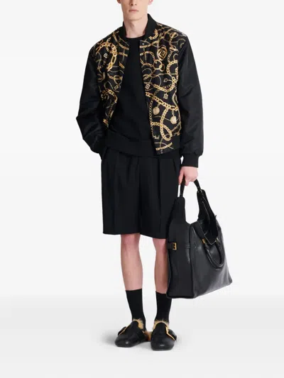 Balmain Chain Print Reversible Silk Bomber Jacket In Black