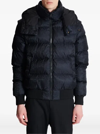 Balmain Short Nylon Jacquard Down Jacket With Black Monogram Men