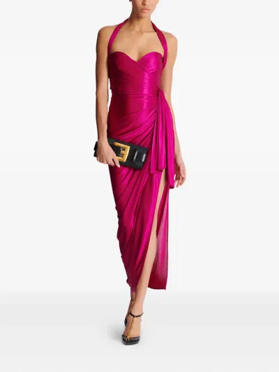Balmain Long Satin Draped Halter Neck Dress