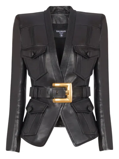 Balmain Belted Buttoned Blazer Pockets In Black