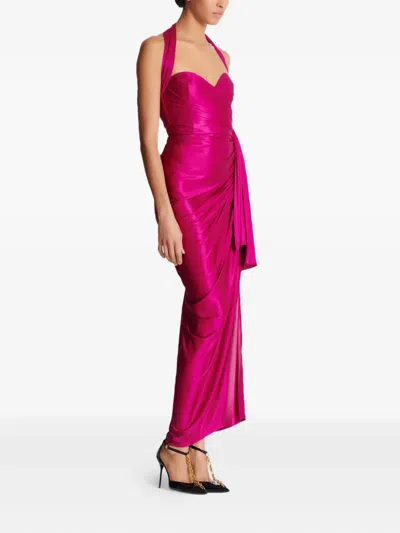 Balmain Long Satin Draped Halter Neck Dress