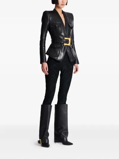 Balmain Belted Buttoned Blazer Pockets In Black