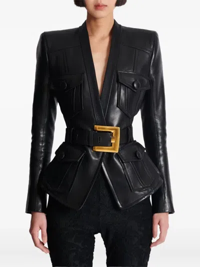 Balmain Belted Buttoned Blazer Pockets In Black