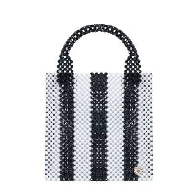 Tillie Beads Women's Black / White Black And White Stripe Round Handle Bead Medium Tote