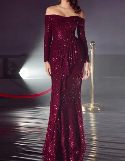 Ladivine Sequin Off The Shoulder Long Sleeve Evening Gown In Wine