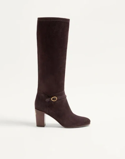 Valentino Garavani Knee-high Suede Boots With Leather Block Heel In Brown