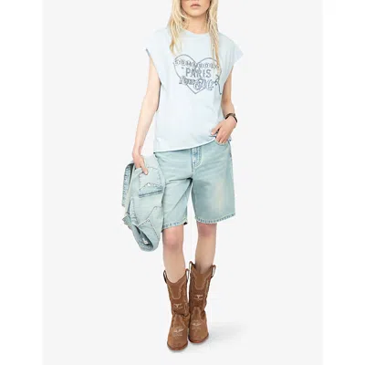 Zadig & Voltaire Womens Cloud Cloe Rhinestone-print Short-sleeve Cotton T-shirt Xs In Blue