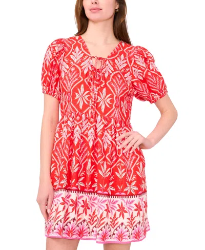 Msk Women's Printed Tie-neck Short-sleeve Dress In Red