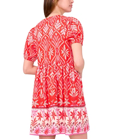 Msk Women's Printed Tie-neck Short-sleeve Dress In Red