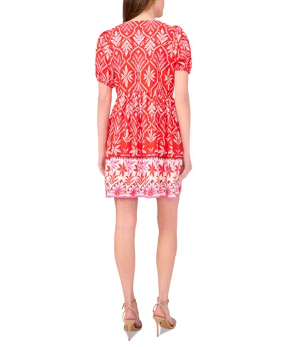 Msk Women's Printed Tie-neck Short-sleeve Dress In Red