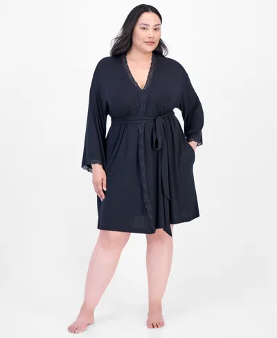Macy's Plus Size Lace-trim Knit Wrap Robe, Exclusively At  In Black