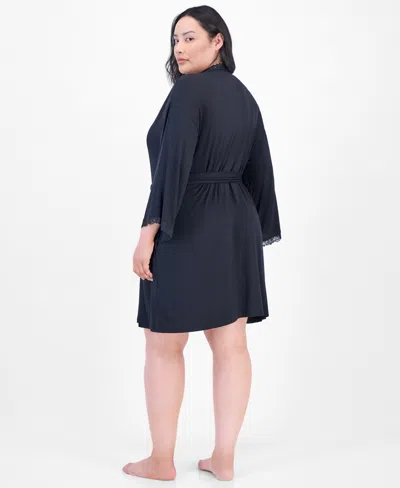 Macy's Plus Size Lace-trim Knit Wrap Robe, Exclusively At  In Black