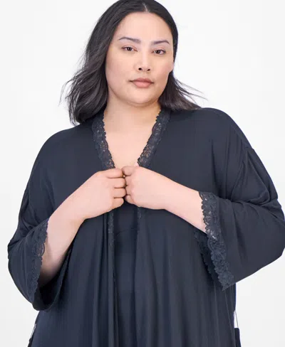 Macy's Plus Size Lace-trim Knit Wrap Robe, Exclusively At  In Black