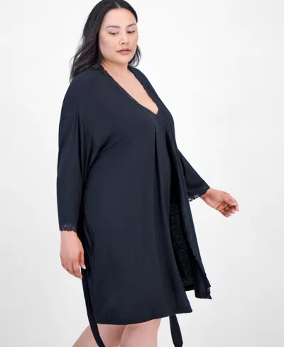 Macy's Plus Size Lace-trim Knit Wrap Robe, Exclusively At  In Black
