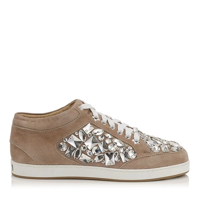 Jimmy Choo Miami Nude Suede With Crystals Low Top Trainers In Nude/crystal