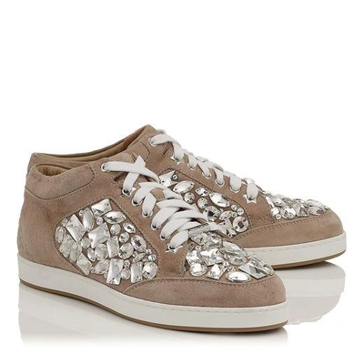Shop Jimmy Choo Miami Nude Suede With Crystals Low Top Trainers In Nude/crystal