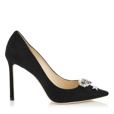 Shop Jimmy Choo Jasmine 100 Black Suede Pointy Toe Pumps With Jewelled Buttons
