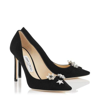 Shop Jimmy Choo Jasmine 100 Black Suede Pointy Toe Pumps With Jewelled Buttons